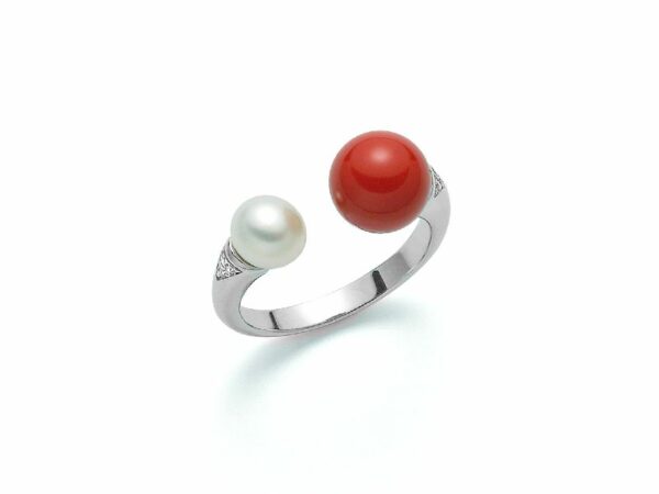 Anello TERRA E MARE con 2 perle - bianca e rossa