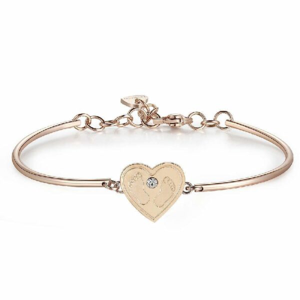 Bracciale semirigido in acciaio 316L e pvd oro rosa con cuore con piedini incisi e cristallo Swarovski®crystal.