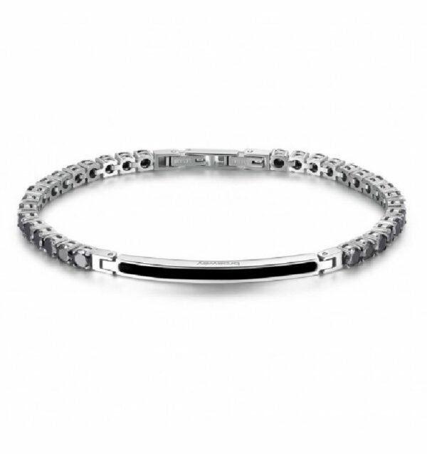 Tennis di zirconi neri da uomo realizzato in acciaio anallergico rodiato. Targa centrale con smalto nero.
Ha lunghezza massima di 23 cm e chiusura con maglie rimovibili.