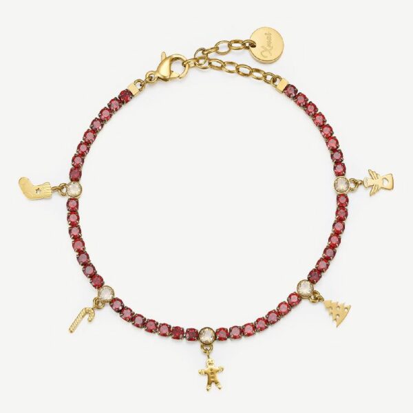 Bracciale tennis in acciaio 304, finitura oro con cubic zirconia d-garnet e cristalli champagne con pendenti a forma di calza natalizia, bastoncino di zucchero, omino pan di zenzero, albero di natale e angelo.