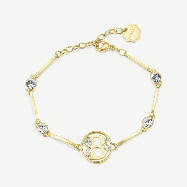 Bracciale in acciaio 316L e finitura color oro con lettera e cristalli crystal.