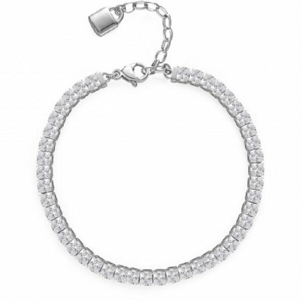 Bracciale tennis in acciaio 304 con cubic zirconia quadrati white e pendente chiusura a forma di lucchetto. Misura 17,5 cm.