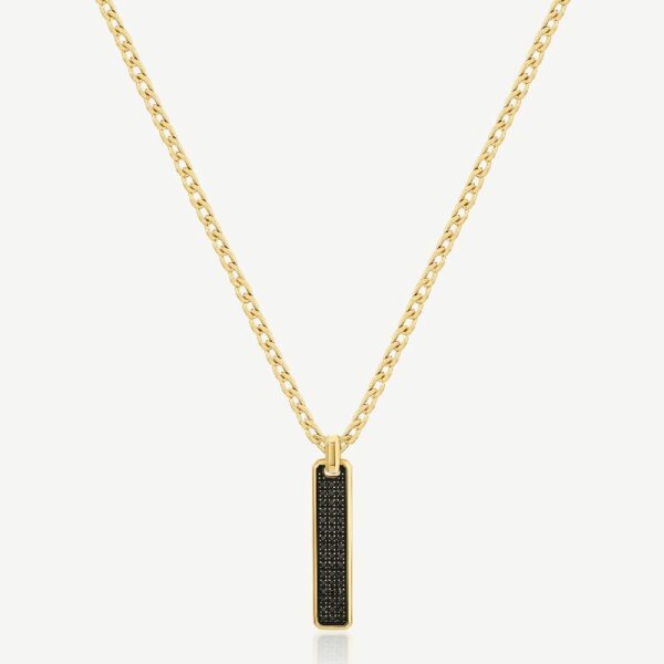 Collana catena grumetta lunga in acciaio 316L e finitura pvd oro 14K con pendente e zirconi neri.