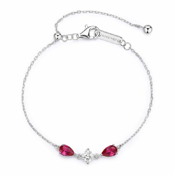 Bracciale tiralaccio in argento rodiato 925‰ con square cubic zirconia e pear cubic zirconia colore ruby.