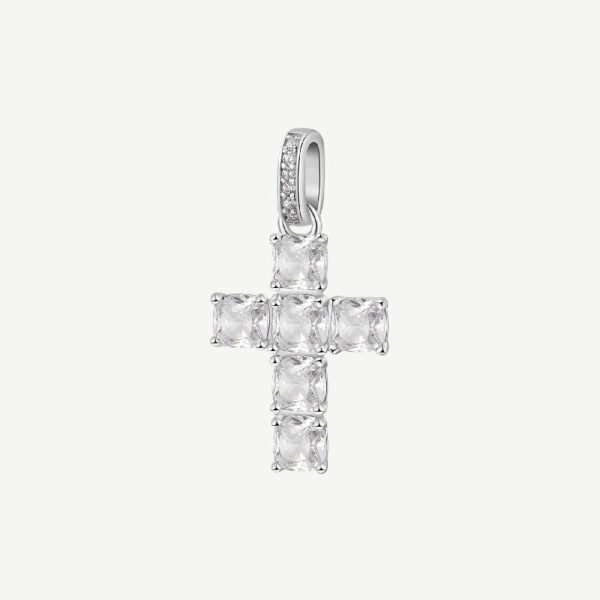 Pendente a forma di croce in argento rodiato 925‰ con cushion cubic zirconia.