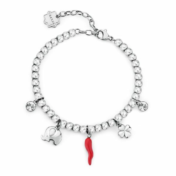 Bracciale CHAKRA in acciaio 316L, con elefante, quadrifoglio, cornetto con smalto rosso e cristalli