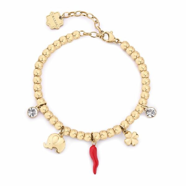 Bracciale CHAKRA in acciaio 316L, finitura pvd colore oro, con elefante, quadrifoglio, cornetto con smalto rosso e cristalli
