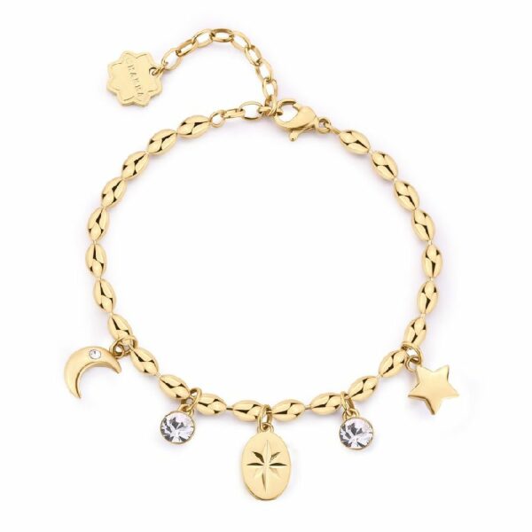 Bracciale CHAKRA in acciaio 316L, finitura pvd colore oro, con luna, stella e cristalli