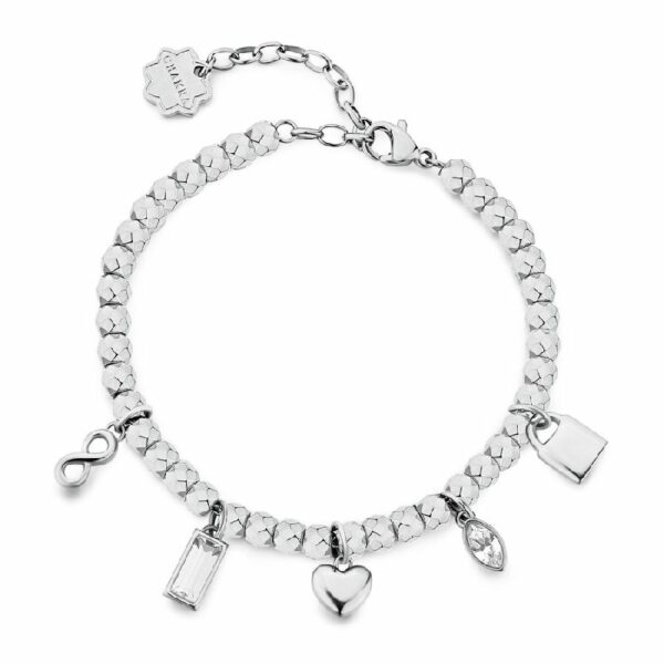 Bracciale CHAKRA in acciaio 316L, con infinito, cuore, lucchetto e cristalli