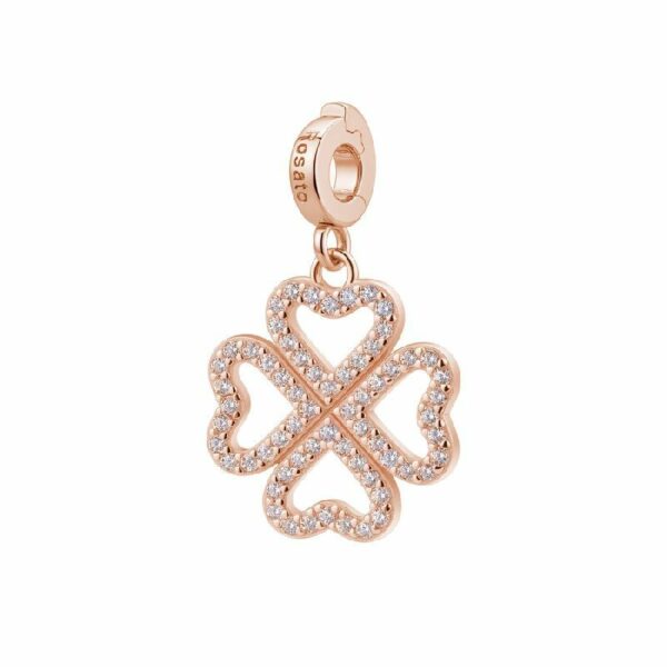 Charm STORIE argento 925/1000, galvanica oro rosa, a forma di quadrifoglio e cz white