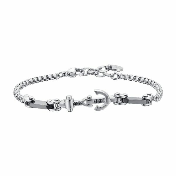 BRACCIALE UOMO IN ACCIAIO ANCORA E CRISTALLO NERO