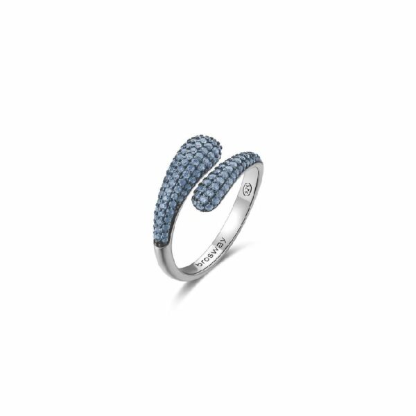 Anello contrarié in argento rodiato 925‰ con galvanica colore rutenio e cubic zirconia colore light sapphire.