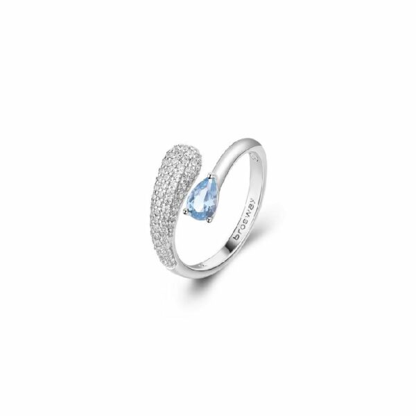 Anello contrarié in argento rodiato 925‰ con cubic zirconia chiari e colore light sapphire.