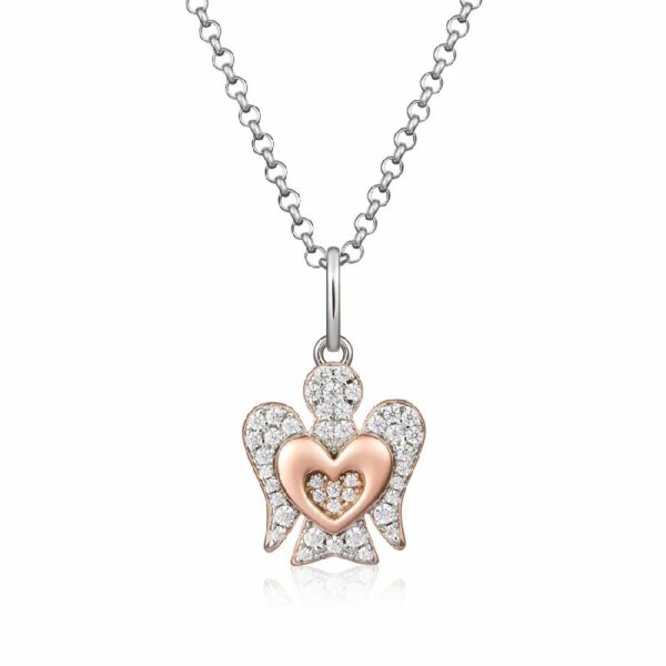 Collana con pendente Angelo in argento rosato con cuore e zirconi bianchi.