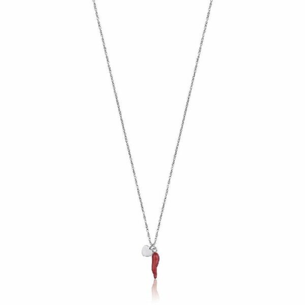 COLLANA DONNA IN ACCIAIO CON CUORE E CORNO ROSSO