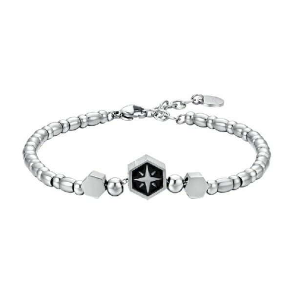 BRACCIALE UOMO IN ACCIAIO ELEMENTO CON ROSA DEI VENTI SILVER E SMALTO NERO