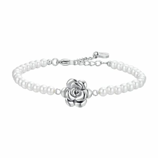 BRACCIALE DONNA IN ACCIAIO PERLE E ROSA IN ACCIAIO