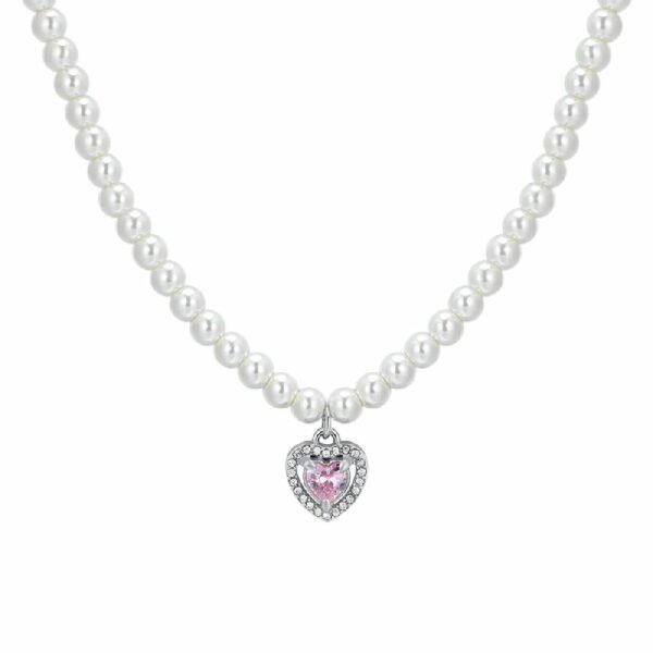 COLLANA DONNA IN ACCIAIO PERLE E CUORE ZIRCONE ROSA