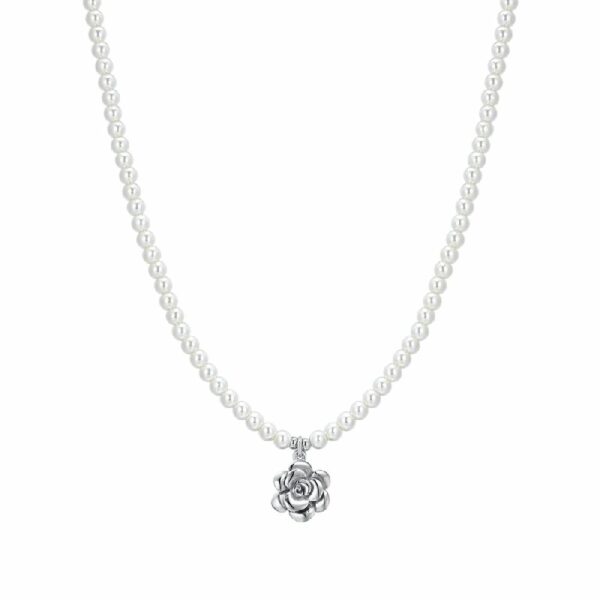 COLLANA DONNA IN ACCIAIO PERLE E ROSA IN ACCIAIO