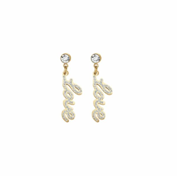 ORECCHINI DONNA IN ACCIAIO IP GOLD CON SCRITTA LOVE CON CRISTALLI BIANCHI