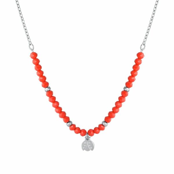 COLLANA BAMBINA IN ACCIAIO CON PIETRE ROSSE E COCCINELLA