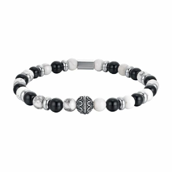 BRACCIALE UOMO ELASTICO CON PIETRE NERE E BIANCHE ED ELEMENTI IN ACCIAIO