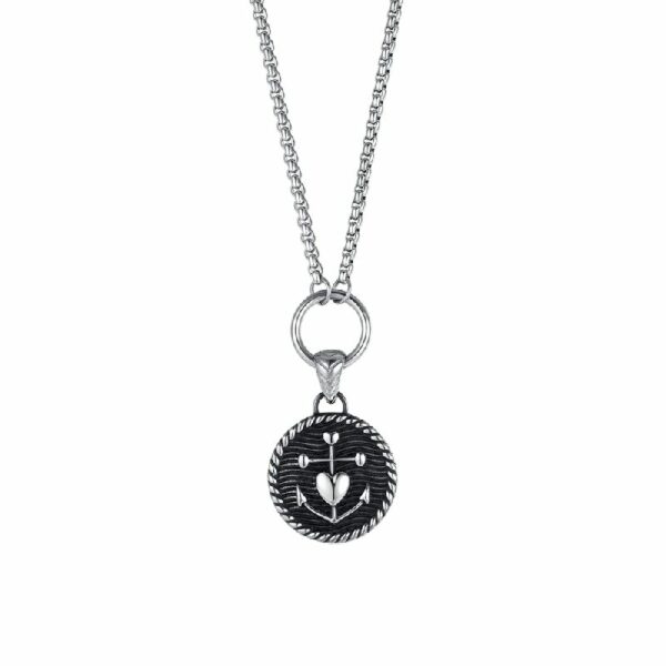 COLLANA UOMO IN ACCIAIO CON PIASTRA CON ANCORA E CUORE CON SMALTO NERO