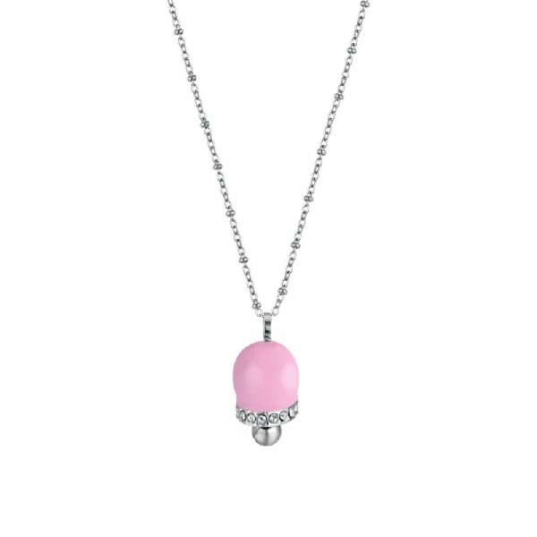 COLLANA DONNA IN ACCIAIO CON CAMPANELLA CON SMALTO ROSA E CRISTALLI BIANCHI