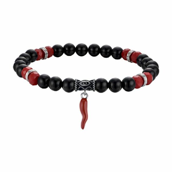 BRACCIALE UOMO ELASTICO CON PIETRE NERE E ROSSE E CORNO ROSSO
