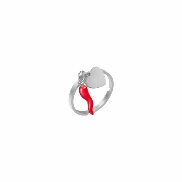 ANELLO DONNA IN ACCIAIO CON CUORE E CORNO ROSSO