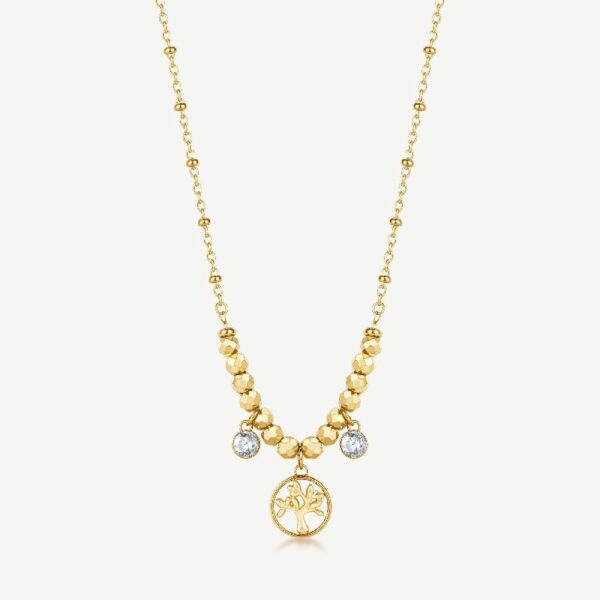 Collana CHAKRA in acciaio 316L, finitura pvd colore oro, con albero della vita e cristalli