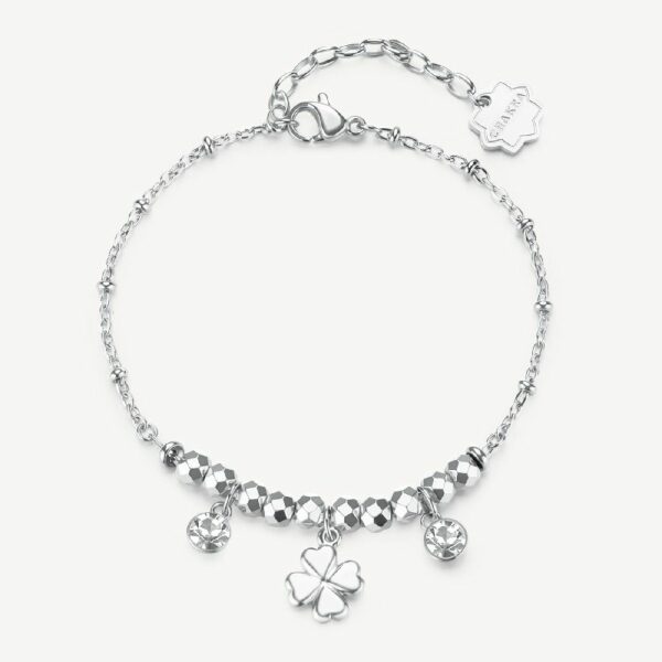 Bracciale CHAKRA in acciaio 316L, con quadrifoglio  e cristalli
