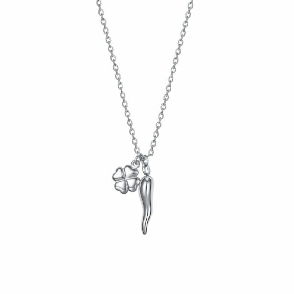 COLLANA DONNA IN ACCIAIO CON CORNO E QUADRIFOGLIO