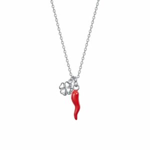 COLLANA DONNA IN ACCIAIO CON CORNO ROSSO E QUADRIFOGLIO