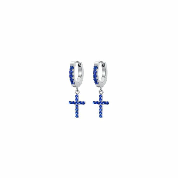 ORECCHINI DONNA IN ACCIAIO CERCHIO CON CROCE E ZIRCONI BLU