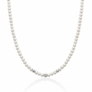 Collana di perle Oriente con tre sfere in oro bianco intagliate