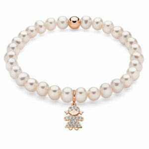 Bracciale di perle con ciondolo bambino in argento placcato oro