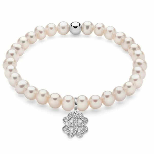 Bracciale di perle con ciondolo quadrifoglio in argento