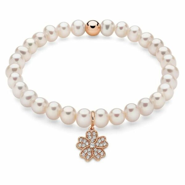 Bracciale di perle con ciondolo quadrifoglio placcato oro rosa