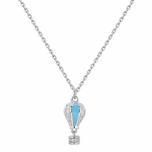 Collana corta in argento 925‰ con pendente a forma di mongolfiera, smalti colorati, 28 cubic zirconia bianchi
