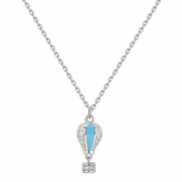 Collana corta in argento 925‰ con pendente a forma di mongolfiera, smalti colorati, 28 cubic zirconia bianchi