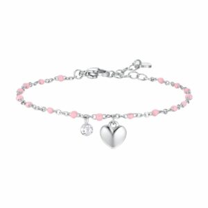 BRACCIALE DONNA IN ACCIAIO CON CUORE, CRISTALLO E PIETRE CON SMALTO ROSA