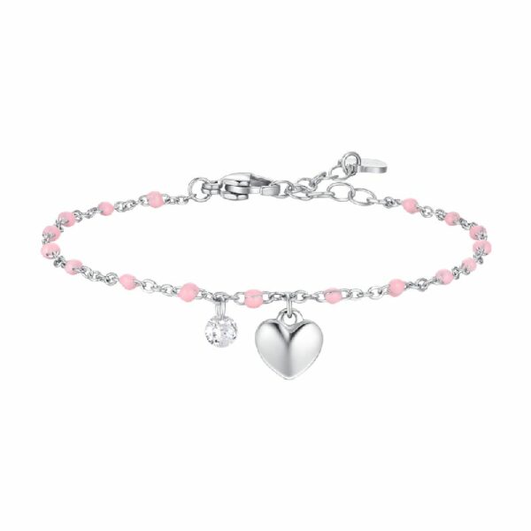 BRACCIALE DONNA IN ACCIAIO CON CUORE, CRISTALLO E PIETRE CON SMALTO ROSA