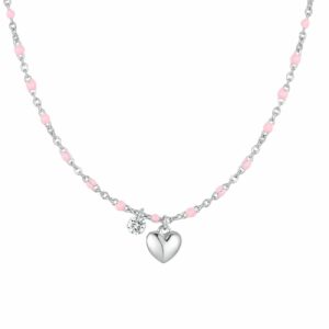 COLLANA DONNA IN ACCIAIO CON CUORE, CRISTALLO E PIETRE CON SMALTO ROSA