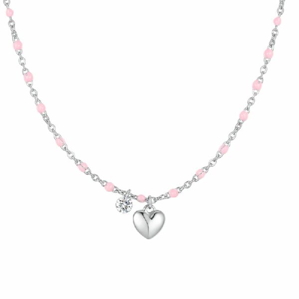 COLLANA DONNA IN ACCIAIO CON CUORE, CRISTALLO E PIETRE CON SMALTO ROSA
