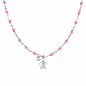 COLLANA DONNA IN ACCIAIO CON STELLA, CRTISTALLO E PIETRE CON SMALTO FUCSIA