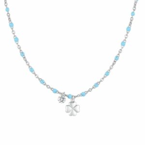 COLLANA DONNA IN ACCIAIO CON QUADRIFOGLIO,CRISTALLO E PIETRE CON SMALTO TURCHESE