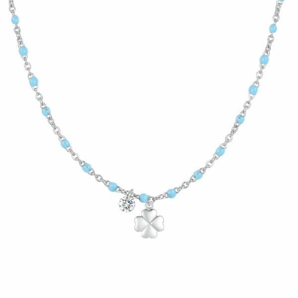 COLLANA DONNA IN ACCIAIO CON QUADRIFOGLIO,CRISTALLO E PIETRE CON SMALTO TURCHESE