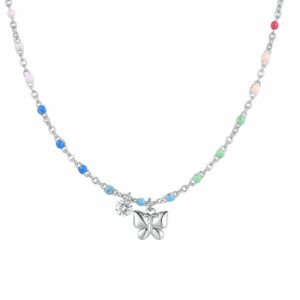 COLLANA DONNA IN ACCIAIO CON FARFALLA, CRISTALLO E PIETRE CON SMALTO MULTICOLOR