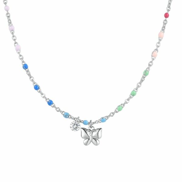 COLLANA DONNA IN ACCIAIO CON FARFALLA, CRISTALLO E PIETRE CON SMALTO MULTICOLOR
